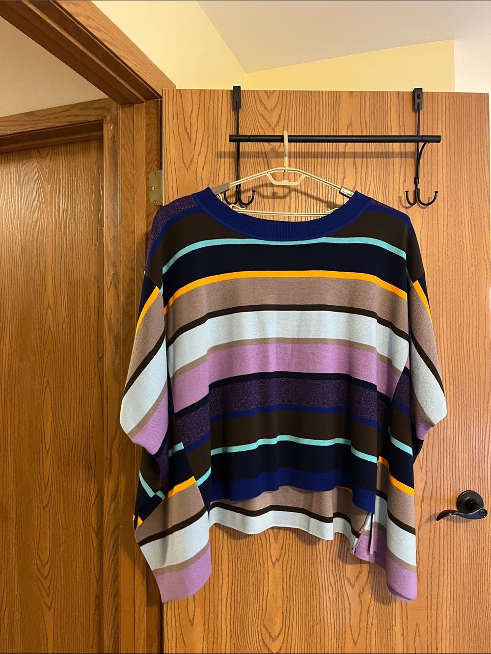 Striped Multi-Color Oversized Knit Poncho Style Closed Sides Sweater